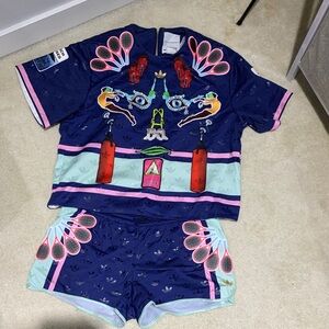 Adidas and Mary katrantzon Blue Graphic Tee and short set for sale